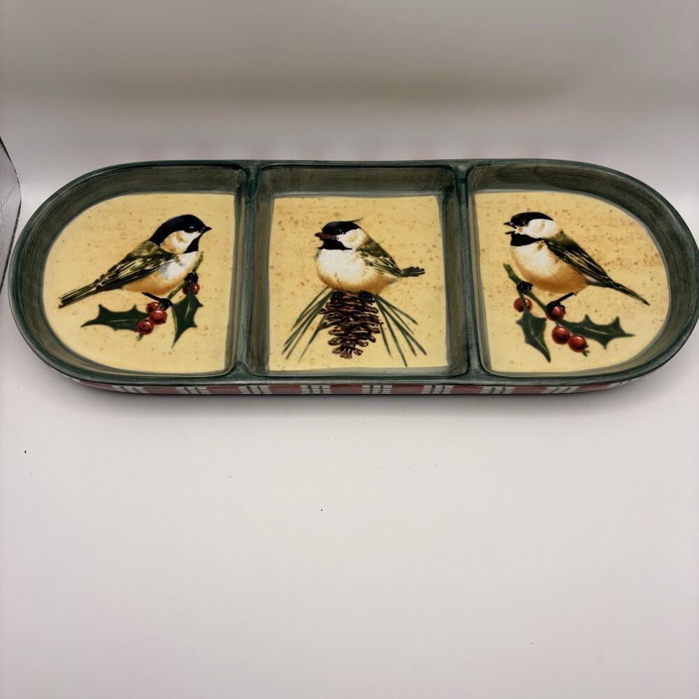 Lenox Winter Greetings Everyday 3 Part Relish Condiment Dish 13” Chickadees Tray